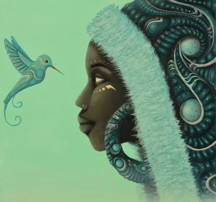 Green image of a humming bird and figure of African descent looking at each other.