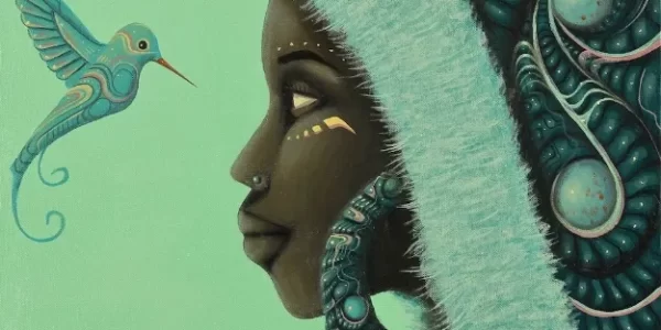 Green image of a humming bird and figure of African descent looking at each other.