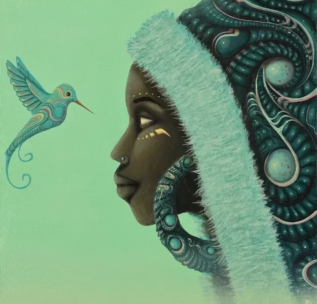 Green image of a humming bird and figure of African descent looking at each other.