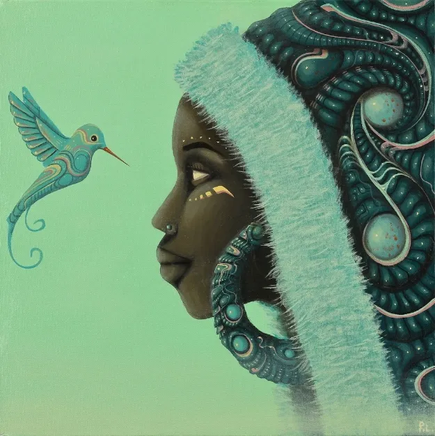 Green image of a humming bird and figure of African descent looking at each other.