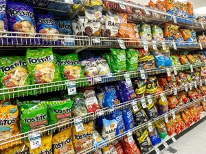 Bags of chips as displayed on shelves