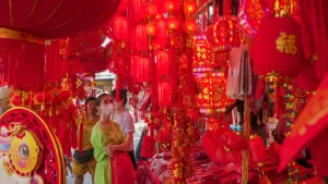 This is an image of a market selling goods for Lunar New Year.