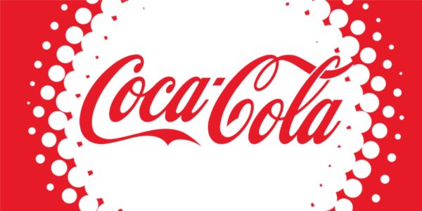 Red and white spotted background with cursive writing " Coca Cola"