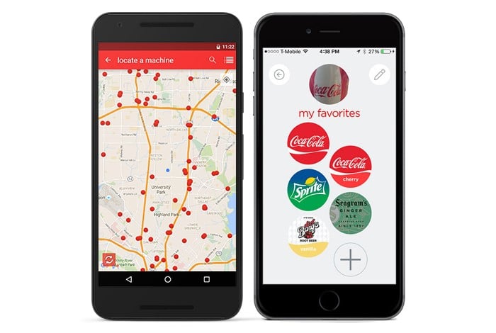 Image of two iPhones, left iPhone has a map with multiple red markers. iPhone on the right showing coke products in circular logos. 