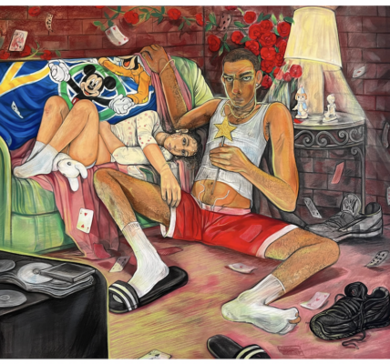 An abstratced painting by Alina Perez of Manand women, in a room which kind of cultered, she has her hand on his lap while she is laying on cooach. The man is laying on the ground looking into our eyes.