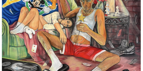 An abstratced painting by Alina Perez of Manand women, in a room which kind of cultered, she has her hand on his lap while she is laying on cooach. The man is laying on the ground looking into our eyes.