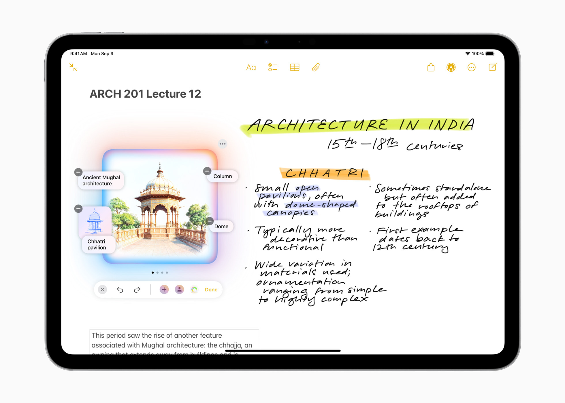 Ipad screen showcasing Apple intelligence and its note taking abilities. 