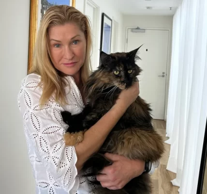 Woman holds her Maine coon cat.