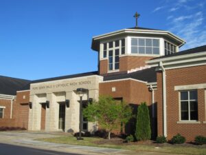 This image depicts the main entrance of St. John Paul II Catholic High School.