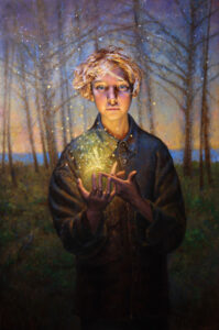 Painting of Young Man in the woods holding awhat looks like a fairy or dragonfly, hard to to truly tel.