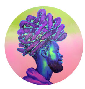 Oscar Joyo Painting of man with thick dreadlocks nicely twisted and folded onto his head, with vibrant colors like green, orge, blues, yellows, and some purple.