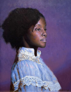 Painting of African American Women with soft haze and purple being the main color.