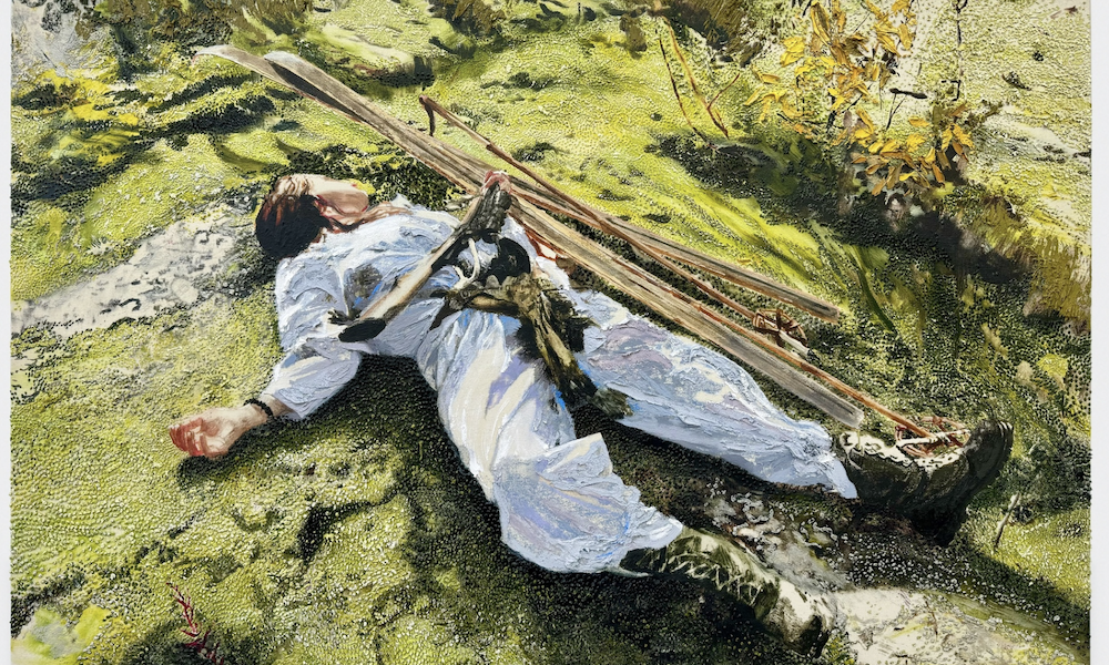 Painting of a person with either a frame or piece of wood that is laying on top of them, with a bright sun shining over them as they lay there in grassy meadow.