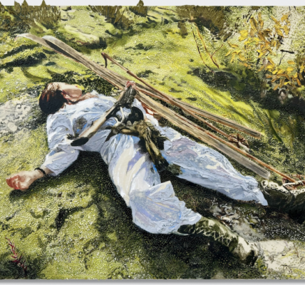 Painting of a person with either a frame or piece of wood that is laying on top of them, with a bright sun shining over them as they lay there in grassy meadow.