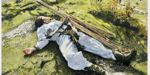 Painting of a person with either a frame or piece of wood that is laying on top of them, with a bright sun shining over them as they lay there in grassy meadow.