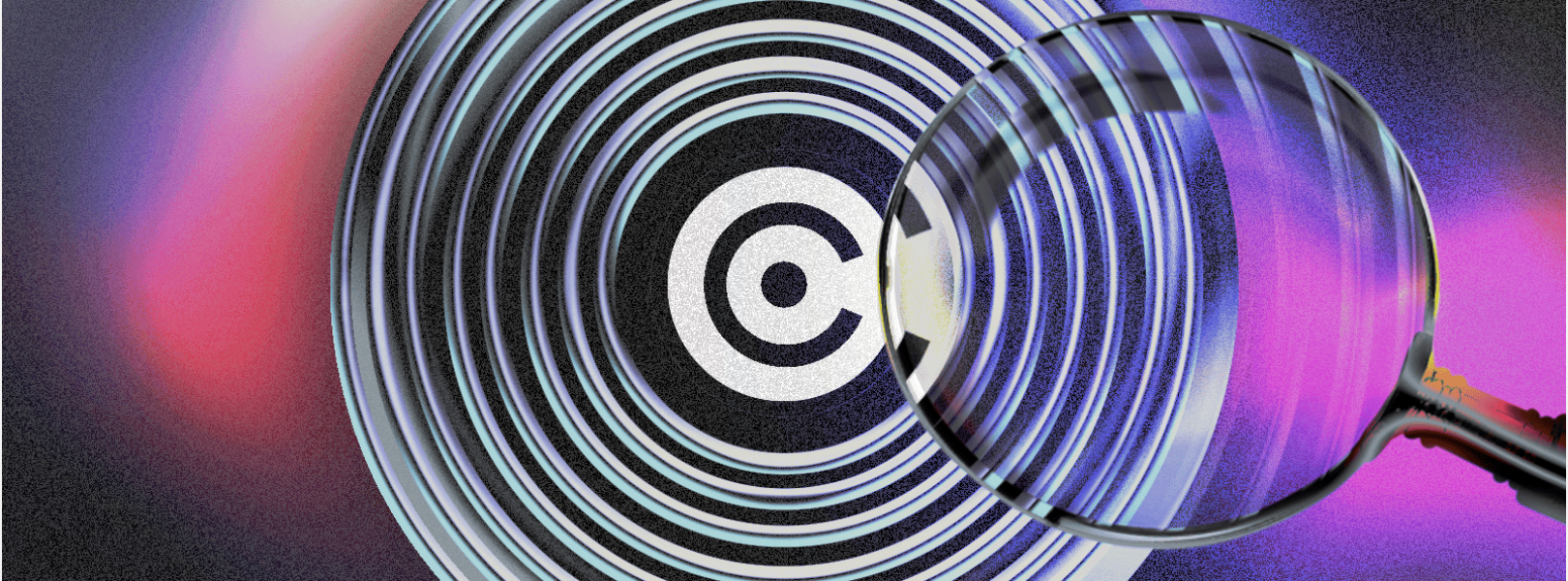 A magnifying glass highlighting a portion of a record with the copyright logo plastered on it.