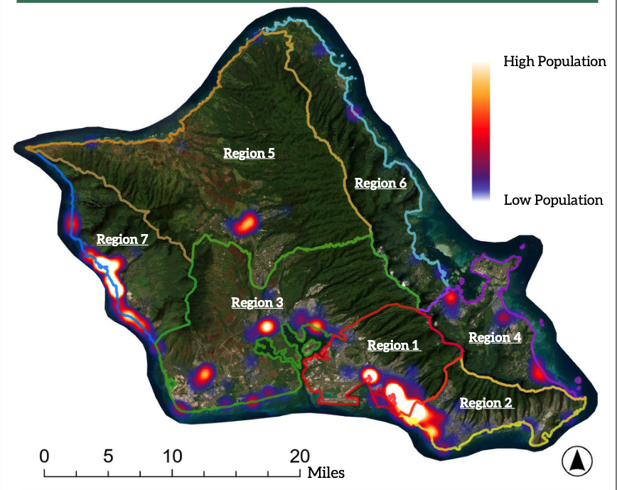 Homelessness heat map indicating where on Oahu the homeless population resides