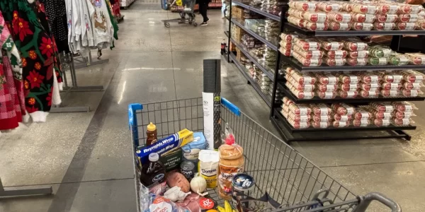 This photo features a shopping cart in a grocery store. The shopping cart is filled with various products.